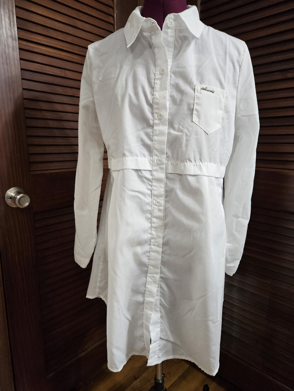White Button-Up Shirt Dress with Pocket Logo